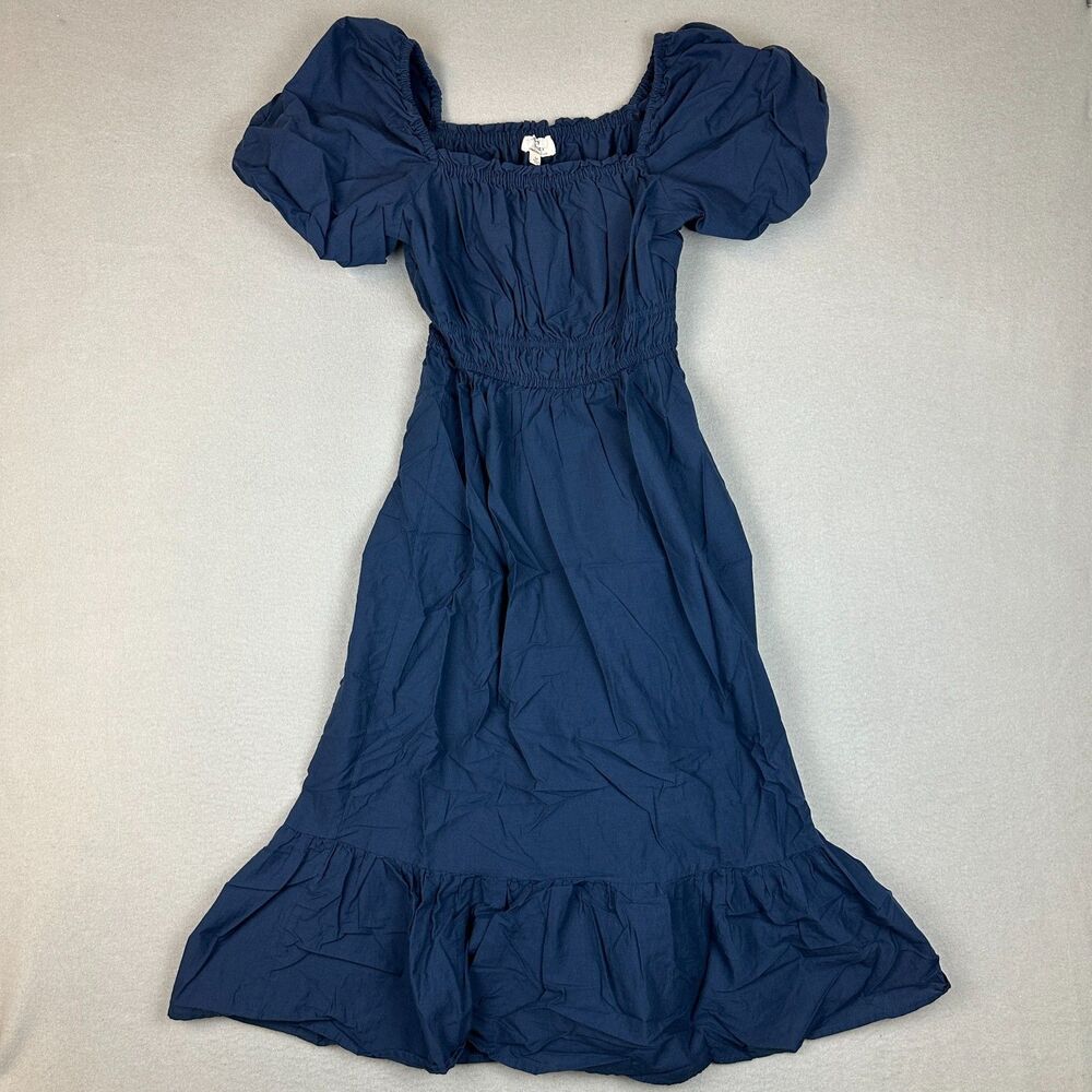 Dizzy Lizzy Womens Medium Puff Sleeve Smocked Midi Dress Navy Blue Casual Boho